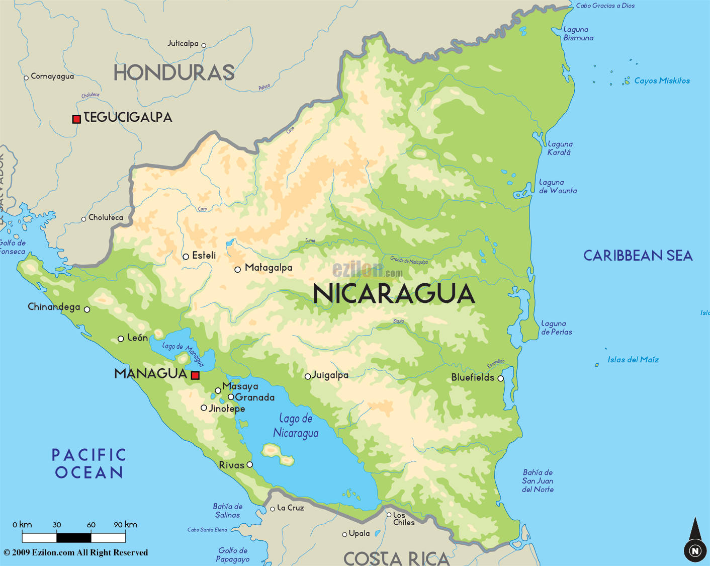 physique carte du nicaragua